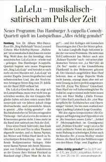 Kritik zur Premiere von LaLeLu a cappella comedy "Alles richtig gemahct!" im Hamburger Abendblatt vom 21.09.2022