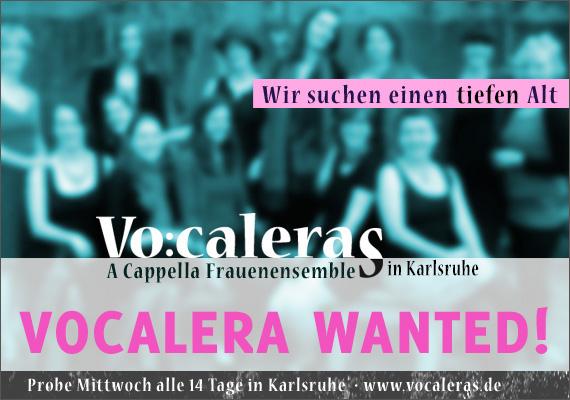 Grafisch in türkis, pink und schwarz gestaltete Anzeige für die Vokalband Vocaleras, in der eine tiefe Altistin gesucht wird.