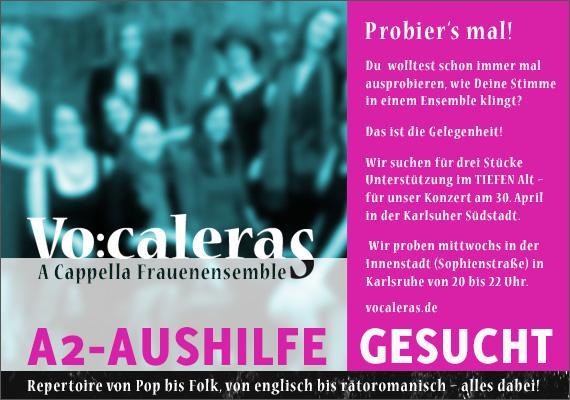 Grafisch in pink und schwarz gestaltete Text-Bild-Anzeige für die Vokalband Vocaleras, in der eine tiefe Altistin zur Aushilfe gesucht wird.